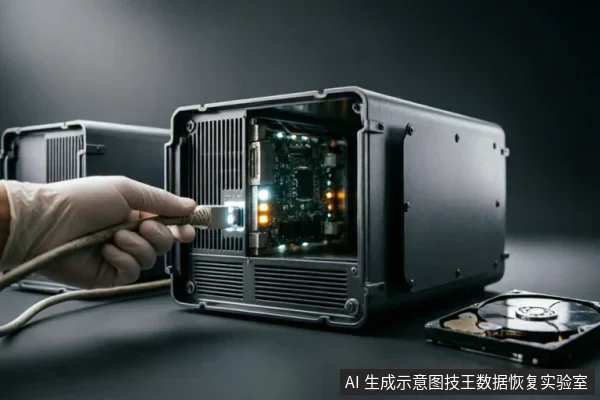 一只戴手套的手正将网线插入一台打开侧盖的存储设备接口，设备内部电路板亮着指示灯。旁边桌面上放置着一块裸露的机械硬盘，展示了硬件连接与介质检查的场景。