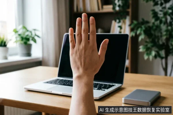 一只手掌在木质桌面上竖起，做出停止或拒绝的手势，位于一台打开的笔记本电脑前方。电脑右侧放置着一个银灰色的移动硬盘盒，背景为带有绿植的明亮室内环境。