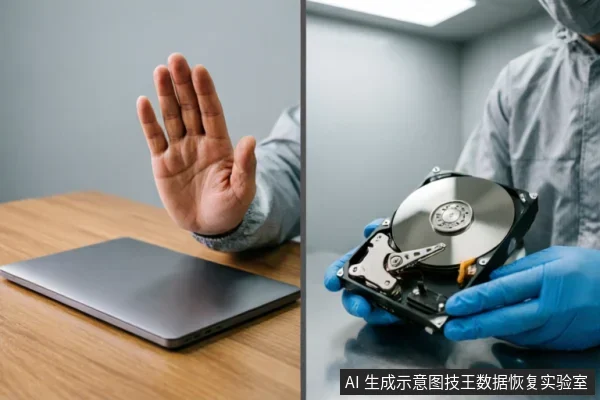 左侧画面展示一只手在闭合的笔记本电脑前做出停止手势,示意禁止操作;右侧画面为身穿防静电服、佩戴蓝色手套的专业人员,在洁净环境中手持已拆解的机械硬盘内部组件。