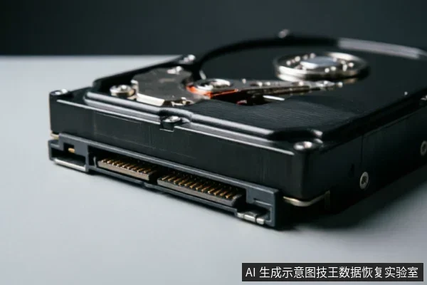 画面展示了一块黑色机械硬盘的侧面特写,重点呈现了金手指状的SATA数据接口与电源接口。硬盘顶部盖板已移除,清晰可见内部的磁头组件、悬臂及主轴电机结构,背景简洁干净。