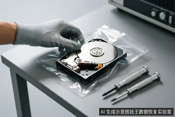 一只戴着灰色防静电手套的手正将一块已拆开外壳的机械硬盘放入透明密封袋中,桌面上放置着两把精密螺丝刀,背景可见部分专业测试仪器。