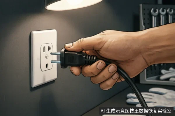 一只手持黑色电源插头，正将其从墙面的白色插座中拔出。背景昏暗，上方有灯光聚焦在操作区域，右下角隐约可见放置在工作台上的劳保手套，体现了物理断电的紧急隔离动作。