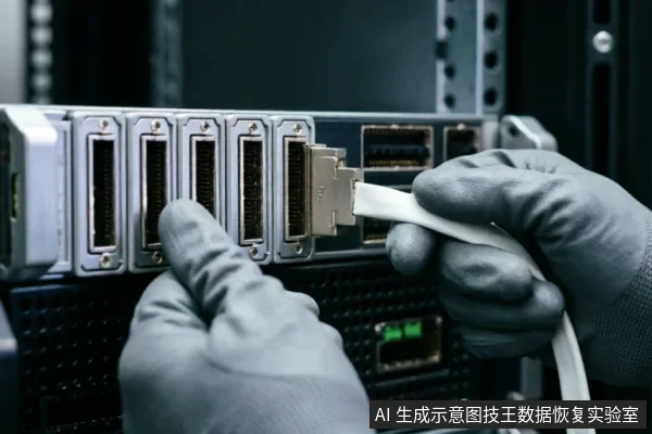 画面展示了一双戴着灰色防静电手套的手,正在将一条白色扁平数据线插入机架式服务器或存储设备的金属接口中。背景为深色设备面板及指示灯,体现了对硬件外部连接链的专业检查与插拔操作。