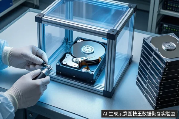 白色防静电工作台上,戴白色手套的双手持工具靠近透明防尘罩内的打开机械硬盘,右侧堆叠多块硬盘,背景为服务器机柜。