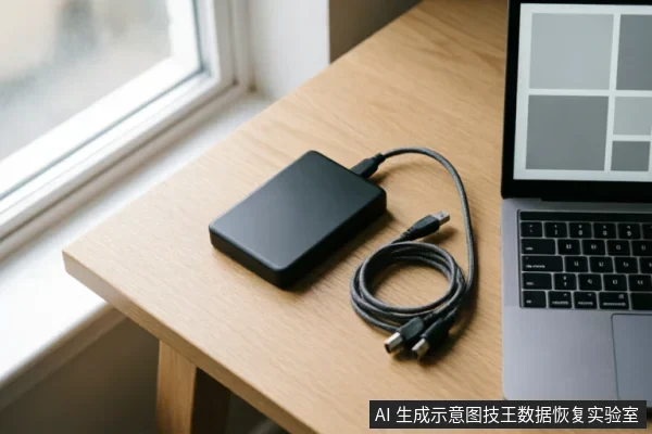 木质桌面上放置着一个黑色外接移动硬盘和一条盘绕的编织数据线，旁边是一台打开的笔记本电脑，屏幕显示灰度色块布局图。