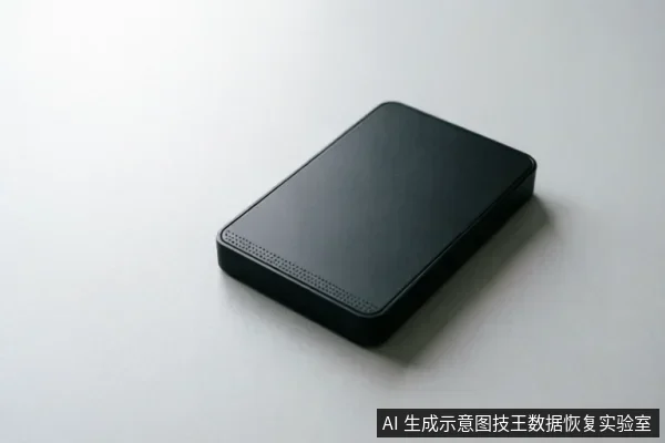 一个黑色的长方形移动硬盘静置于纯白背景上，表面光滑无文字，呈现闭合状态。该图作为通用存储介质示意图，用于指代段落中提到的故障硬盘主体，示意硬件级检测与物理隔离的对象。