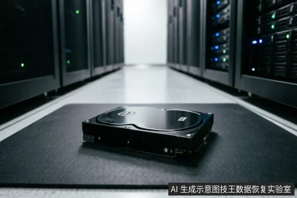一块黑色的机械硬盘静置于数据中心服务器机房的黑色防静电垫上,背景是排列整齐且亮着指示灯的服务器机柜。画面聚焦于硬盘主体,营造出专业数据恢复或硬件检测的环境氛围。
