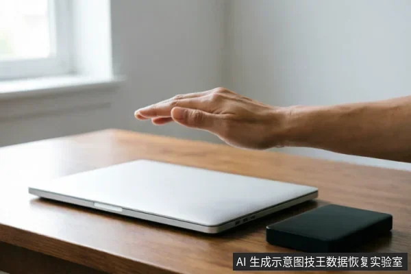 一只手掌悬停在闭合的银色笔记本电脑上方，做出停止或拒绝的手势。电脑旁放置着一个黑色的外接存储设备，置于木质桌面上，示意在故障排查时应保持谨慎、避免操作。