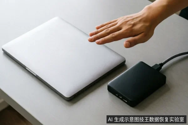 画面展示了一台闭合的银色笔记本电脑,旁边连接着一个黑色的外接存储设备。一只手悬停在笔记本上方,并未接触屏幕或键盘,呈现出保持静止、不进行任何操作的状态,示意在数据丢失后应避免读写并维持设备原状。