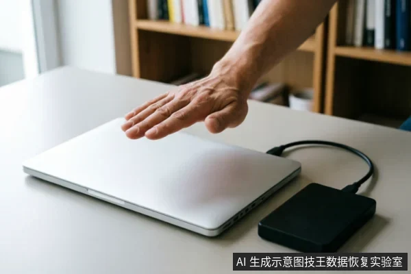 一只悬停在闭合银色笔记本电脑上方的手,旁边连接着一个黑色外接移动硬盘。画面展示了电脑与外部存储设备的连接状态,暗示在数据故障场景下对硬件进行观察或准备断开连接的动作。