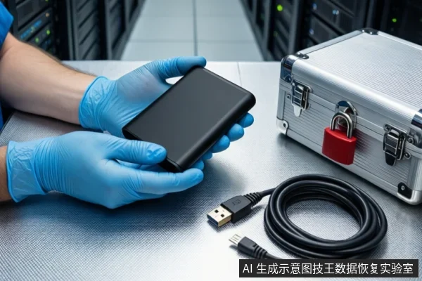 洁净室白色桌面上,戴蓝色手套的双手正持握一个黑色移动硬盘盒,右侧为挂有红色挂锁的银色金属防震箱,前景盘绕一根黑色USB数据线,背景可见服务器机柜。