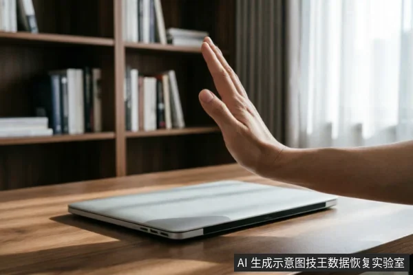 一只手掌在闭合的笔记本电脑前做出明确的“停止”手势,示意拒绝操作。背景为书架和柔和光线,营造出冷静、克制的工作氛围,象征在数据故障时及时止损、禁止写入或停止错误操作的决策。