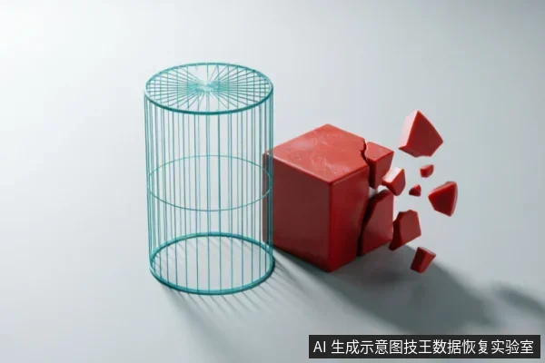 画面展示了一个青色的金属线框圆柱笼,旁边放置着一个正在崩裂破碎的红色立方体。红色方块从右侧炸裂成多块碎片向外飞散,呈现出强烈的破坏感,背景为干净的灰白色。