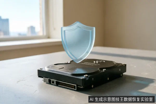 一张放置在桌面上的机械硬盘，其上方悬浮着一个半透明的蓝色盾牌图标。背景为模糊的窗景，象征对存储设备进行数据保护、安全防御及防止硬件损伤的概念示意。