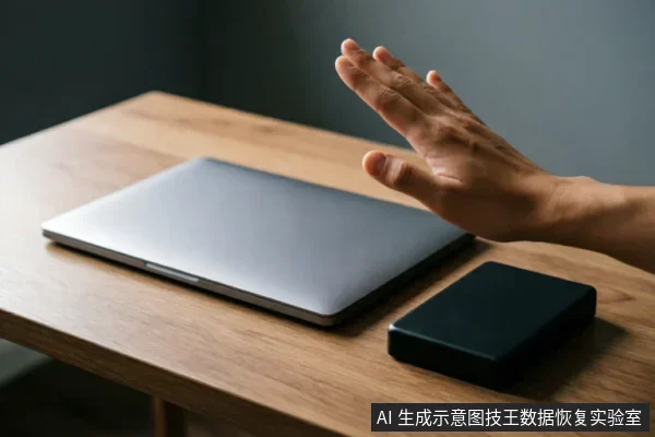 一只手掌在闭合的笔记本电脑和黑色移动硬盘上方做出停止的手势,示意立即停止操作。画面背景简洁,突出了数据恢复中“停止写入”的核心原则,无屏幕文字或乱码。