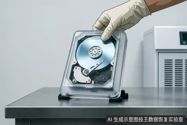 戴着米白色防护手套的手正拿持一块已去除顶盖的机械硬盘，展示内部磁盘与磁头结构。硬盘放置在金属操作台上，背景可见专业设备，体现了在无尘或专业环境下对精密存储介质的谨慎处理与评估场景。