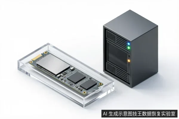 一块M.2固态硬盘被放置在透明亚克力展示盒中，旁边立着一个带有指示灯的黑色方形硬件设备。画面展示了存储介质与检测或读取设备的组合状态，主体清晰完整。