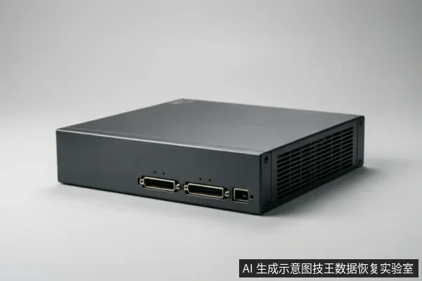 一台深灰色长方体专业存储设备置于纯色背景上,侧面可见两个并排的大尺寸数据接口及一个小型接口,右侧带有散热格栅。画面展示了设备在断电静止状态下的物理外观与接口细节,示意数据恢复前保持设备原状、进行物理隔离的场景。