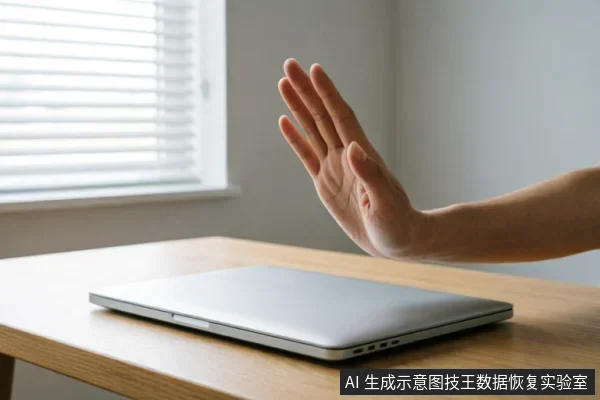 一只手掌在闭合的笔记本电脑前做出明确的停止手势,示意拒绝或中断操作。背景为带有百叶窗的明亮室内环境,桌面整洁,主体清晰传达出“立即停止”或“切勿操作”的警示含义。