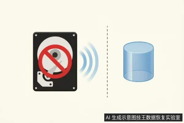 画面左侧为一个带有红色禁止符号的机械硬盘,象征停止写入或禁止操作;右侧通过虚线分隔展示一个蓝色圆柱体数据库图标,中间有信号波纹连接。整体示意在硬盘故障时禁止自行修复并需进行专业数据评估。