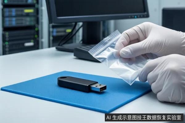 蓝色防静电垫上平放一个黑色U盘,右侧一双戴白色手套的手正握持一个空的透明自封袋,背景可见黑屏显示器和服务器机柜。