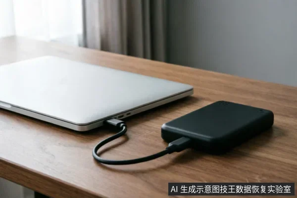 一张银色笔记本电脑通过黑色数据线连接外部移动硬盘的特写照片,设备放置在木质桌面上,展示了电脑与存储设备的外部物理连接状态。