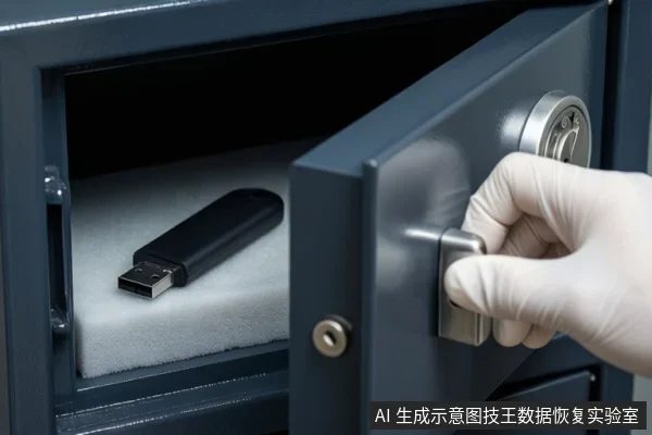 画面中是一个打开的深灰色保险柜,内部白色泡沫垫上平放着一个黑色U盘。右侧一只戴白色手套的手正握着保险柜门的金属把手。