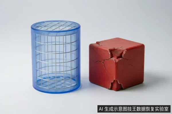 画面展示了一个蓝色透明圆柱体金属网格笼与一个表面布满裂纹、边缘破损的红色立方体并排放在白色背景上。