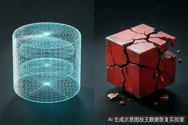 图片左侧为一个发光的青色线框圆柱体，象征数字化存储结构或数据逻辑；右侧为一个表面布满裂纹、正在崩解破碎的红色实体立方体，象征受损的硬件介质。两者并置形成对比，直观展示了数据与物理介质损坏的关系。