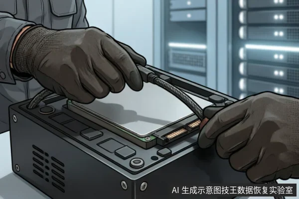 画面展示了一双戴着防护手套的手,正使用专用工具将一块硬盘从黑色检测盒中取出或安装。背景为模糊的服务器机柜,体现了专业数据恢复实验室的环境与操作场景。