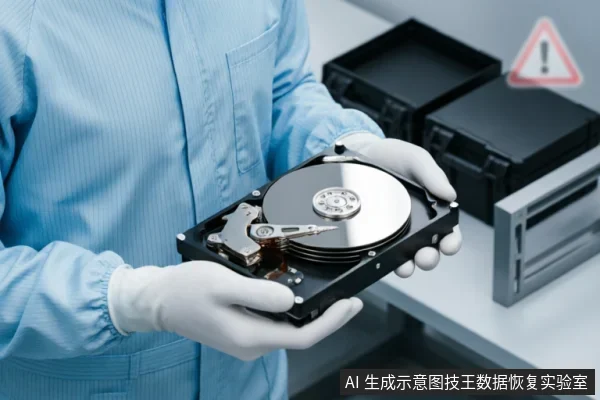 身穿蓝色防静电服、佩戴白色手套的技术人员双手托举着一块已拆解的机械硬盘，清晰展示了内部的磁盘盘片与磁头组件。背景中有黑色存储箱及带有红色感叹号的警告标识，暗示设备存在故障或处于专业检测环境中。