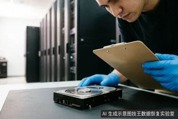 画面展示了一名身穿深色上衣、佩戴蓝色防静电手套的技术人员,在服务器机房背景下专注检查一块已拆解的机械硬盘。他一手托着写字板记录信息,另一只手轻触裸露盘体的硬盘边缘,背景可见模糊的服务器机柜,体现了专业数据恢复检测场景。