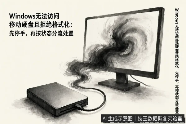 正文场景：文章内容场景示意图：Windows无法访问移动硬盘且拒绝格式化：先停手，再按状态分流处置