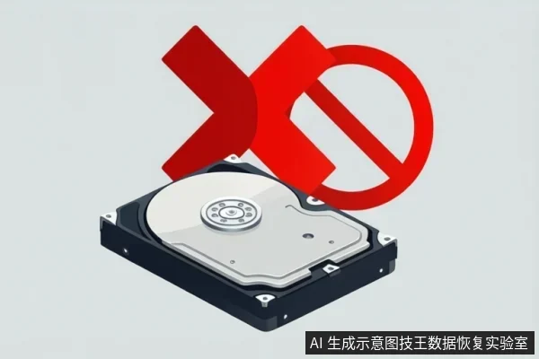 浅灰背景中放置一块打开顶盖的机械硬盘,盘片与主轴清晰可见,上方叠加一个红色禁止符号。