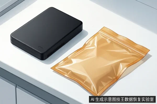 白色台面上放置一个黑色矩形硬盘状设备，旁边有一个透明琥珀色防静电自封袋，袋内无可见物品。