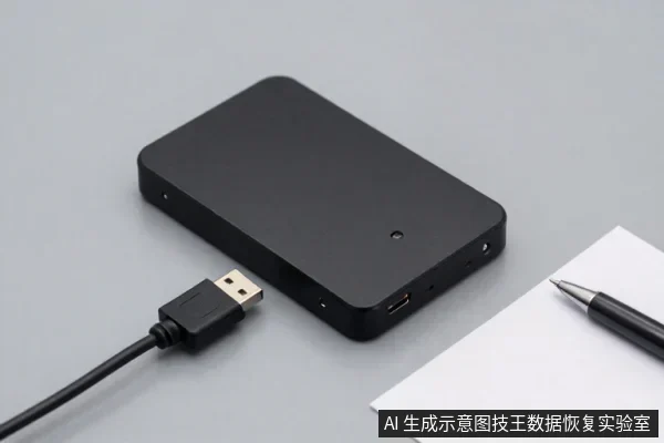 灰色桌面上放着一个黑色方形外置硬盘盒，旁边有一根USB数据线，右侧是白纸和一支笔。