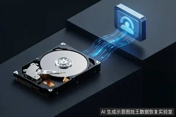 打开顶盖的机械硬盘置于黑色台面上,盘片、主轴和磁头组件可见;蓝色数据流从硬盘流向悬浮的蓝色用户图标。