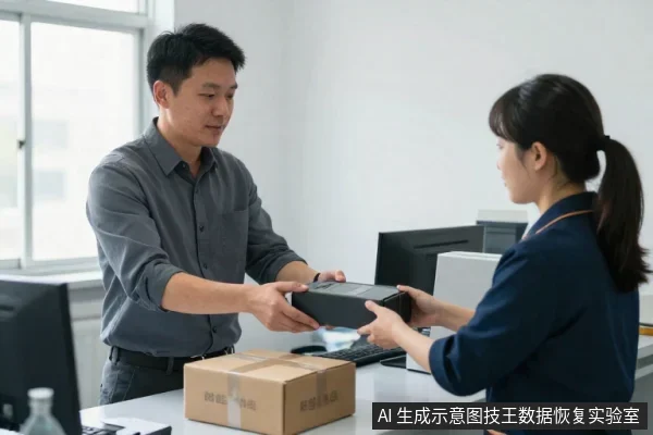 办公室内,一名男子将黑色移动硬盘递给穿深蓝色制服的女子,桌上放着纸箱和电脑。
