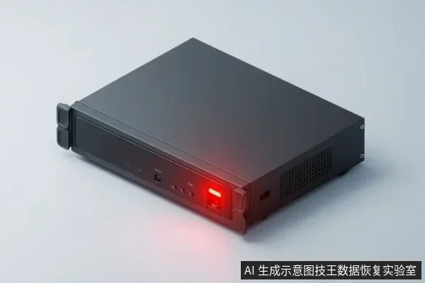 一台黑色机架式存储设备，前面板有红色指示灯亮起，侧面有散热孔。