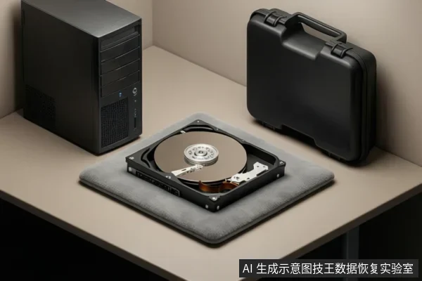 桌面上放置一台黑色台式电脑主机、一个打开的机械硬盘和黑色防护箱,硬盘置于灰色垫子上。