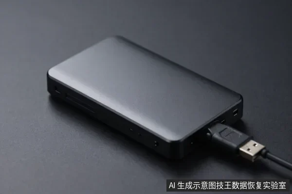 黑色移动硬盘平放在深色桌面上,侧面接口连着一根黑色数据线。