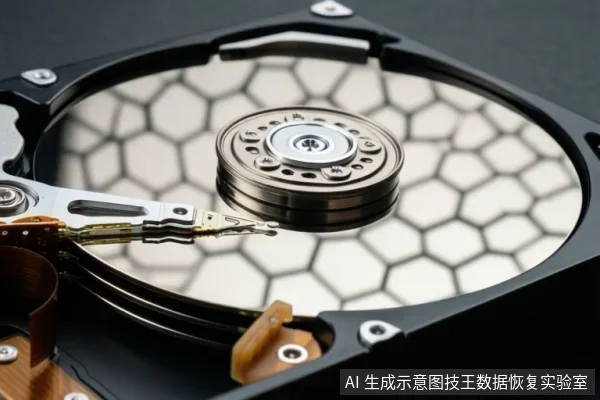 画面展示一个打开的机械硬盘内部结构,可见带有蜂窝状纹理的盘片、中央主轴以及悬停在盘片上方的磁头臂。