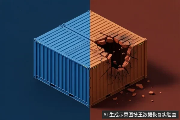 画面中一个长方体存储箱被分为左右两半，左侧为蓝色完整箱体，右侧为橙褐色箱体，侧面出现大面积破裂和裂纹，周围散落碎片。