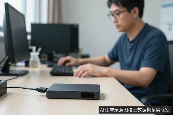 一名戴眼镜的男子坐在办公桌前使用键盘,桌面上放着一块连接数据线的黑色移动硬盘。
