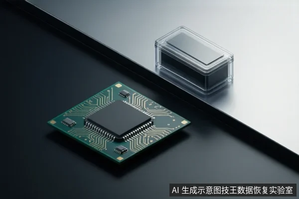 画面展示一块绿色PCB板，中央焊接有黑色方形主控芯片，周围分布小型元件与走线；右上方放置一个透明封装的存储芯片，背景为深色与浅色拼接的台面。