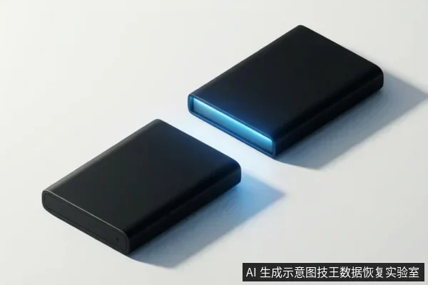 白色背景上放置两个黑色长方体存储设备,其中一个侧面发出蓝色光带,画面无文字。