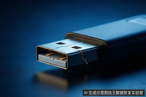 蓝色背景上展示一个黑色U盘,金属接口处有明显裂纹和断裂痕迹,接口内部结构可见。