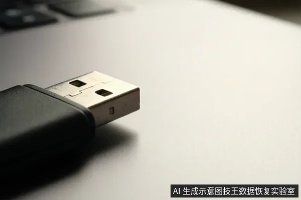 白色桌面上斜放一个黑色USB闪存盘,金属接口清晰可见,背景有模糊键盘按键。