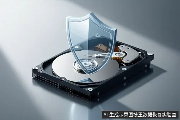 一张机械硬盘内部结构打开的示意图，盘片、磁头臂和主轴电机清晰可见，上方悬浮着一面半透明的蓝色盾牌，象征数据保护。