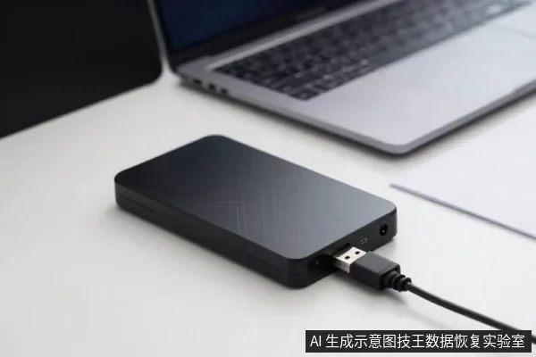 白色桌面上放着一块黑色移动硬盘，通过USB线连接，后方有一台笔记本电脑。
